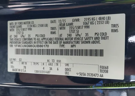 2016 Ford Escape Se z USA, uszkodzony, nr VIN 1FMCU9G98GUB86170